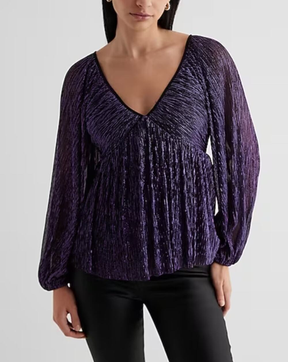 Express Womens Babydoll Top L Deep V-Neck Purple Y2K Metallic Whimsigoth Witchy